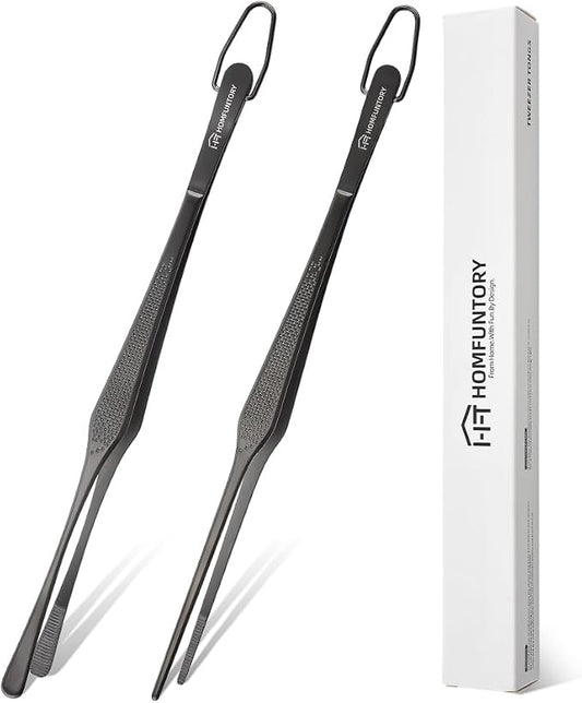 Stainless Steel Cooking Tweezers, 10-Inch Precision Kitchen Tweezers with Star Dot Texture, Wider Grip & Elevated Tips | Galaxy Grip Series, 2 Pcs (Black)