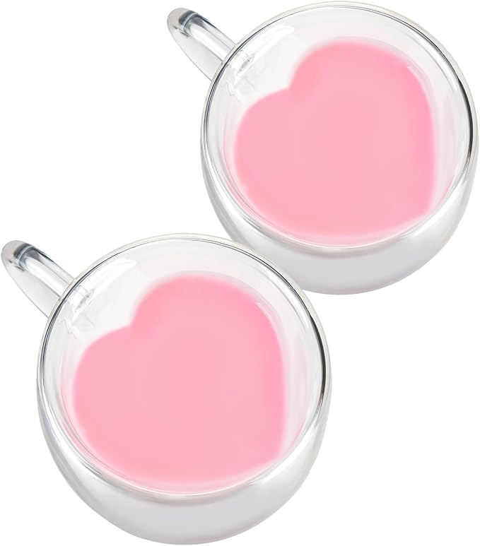 WHJY Double Wall Glass Coffee Mugs，Clear Coffee Cups Clear Unique Coffee Cups Heart Shaped Mug 5 oz Espresso Cups Heart Mugs Set of 2