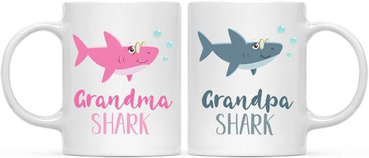 Andaz Press Baby Shark Family 11oz. Coffee Mug Gift Set Grandma Shark, Grandpa Shark, 2-Pack, Shark Do Do Do Gift Idea Birthday Christmas Grandpa Shark Mug Grandma & Grandpa Mugs Best Grandparents Mug