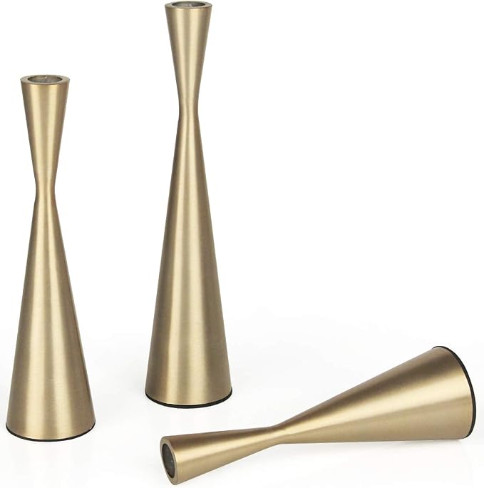 Vixdonos Brass Gold Taper Candlestick Holders Metal Candle Holders Set of 3 Table Mantel Decorative Candle Stand for Wedding, Dinning, Party,Home Decor (Gold)