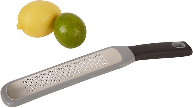 RSVP International Paddle Grater, Etched Steel Blades, Stainless Steel Hand Held Kitchen Cheese & Vegetable Shredder Comfort Grip Handle and Anti-Slip Foot and Safety Cover, Fine Zester