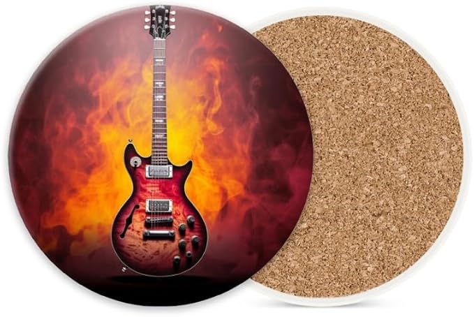 Round Ceramic Stone Cork Drink Coasters, Red and Black Guitar with Flames Absorbent Removable Non-Slip Cup Mat Place for Kitchen Counter Drinks Coffee Cup Tableware Set of 1 (4 * 4 Inch)