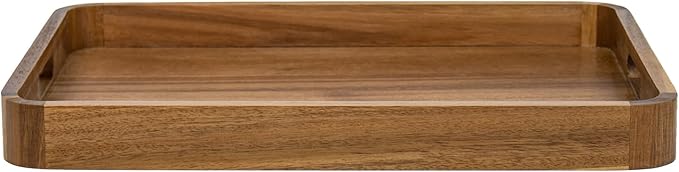 HILLSPRING Acacia Wood Serving Tray with Handles,17 Inch Rectangular Farmhouse Rustic Ottoman & Coffee Table Tray for Living Room, Breakfast in Bed, Charcuterie, Brown