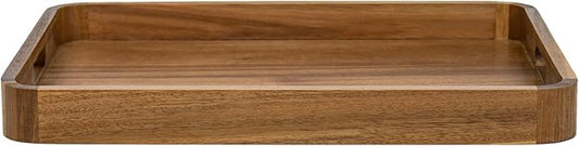 HILLSPRING Acacia Wood Serving Tray with Handles,17 Inch Rectangular Farmhouse Rustic Ottoman & Coffee Table Tray for Living Room, Breakfast in Bed, Charcuterie, Brown