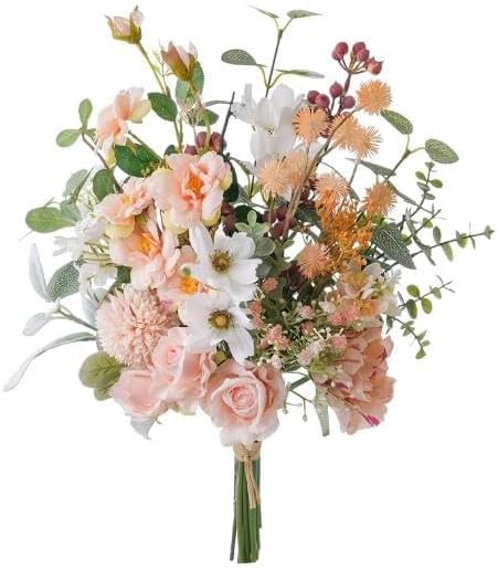 17-inch Artificial Fake Faux Flowers Silk Flower Arrangements Bouquets with Red Berries, Cosmos, Snow Cherry, Chinese Rose, Dandelions, Baby's Breaths, Eucalyptus, Peony, Roses