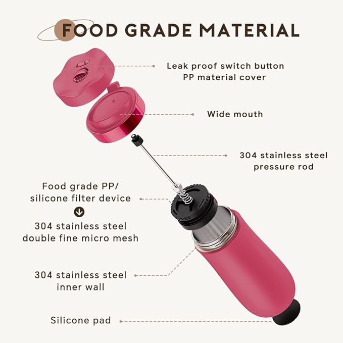 Travel Coffee Press, Vacuum Insulated Portable French Press, Stainless Steel Portable Coffee Maker/Tea Press, 12oz, Rose Red