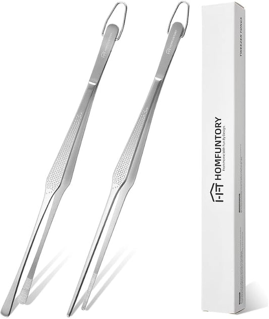Stainless Steel Cooking Tweezers, 12-Inch Precision Kitchen Tweezers with Star Dot Texture, Wider Grip & Elevated Tips | Galaxy Grip Series, 2 Pcs (Silver)