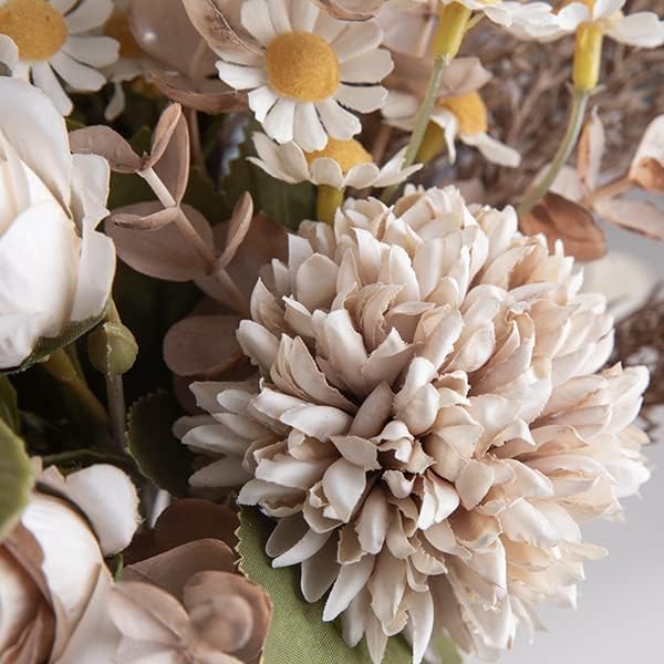 12-inch Small Fake Silk Flowers Fall Bouquet Faux Centerpieces with Roses, Dandelions, Hydrangea, Daisies, Hollyberries - Realistic Artificial Floral Arrangements for Home Kitchen Decor