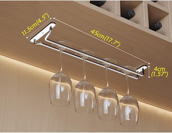 CAKERS Under Cabinet Hanging Stemware Display Rack|304 Stainless Steel Wine Glass Holder|Wine Glass Storage Organizer Hanger,1 Rows,45cm(17.7in)