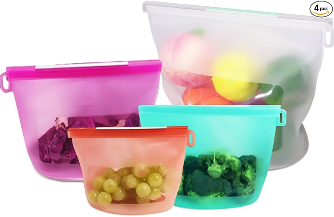 Reusable Silicone Food Storage Bags (Set of 4), Dishwasher Oven Microwave Freezer Safe, Eco-Friendly 100% Platinum, Leakproof Sous Vide Bags, Mixed, X-Large