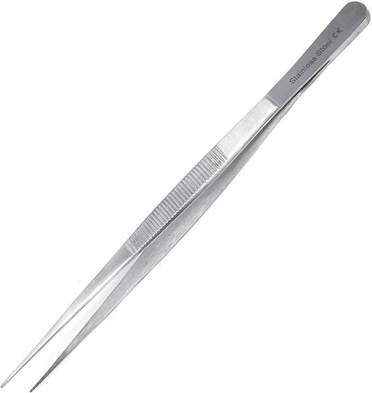 Professional Culinary Stainless Steel Precision Tongs with Serrated Tips, Plating/Food Presentation Detailing Serving Tongs, Chef's Kitchen Tweezer Tongs - Ultra Non-Slip Grip (12" STR Slim)