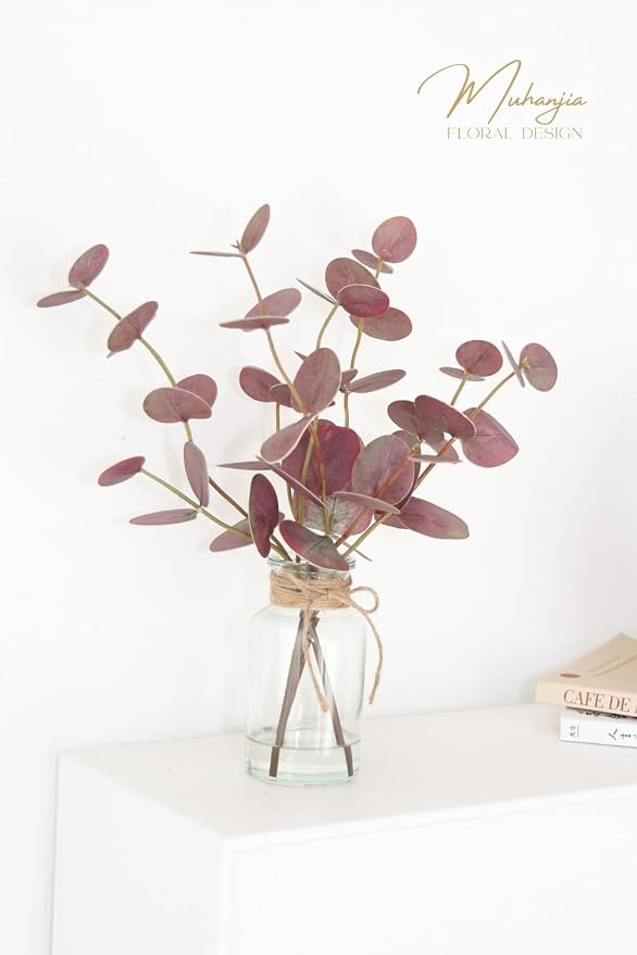 Muhanjia Artificial Eucalyptus Stems in Glass Vase with Faux Water,3Pcs Fake Plant with Double-Sided Purple Leaves for Centerpiece(Double-Sided Purple Eucalyptus)