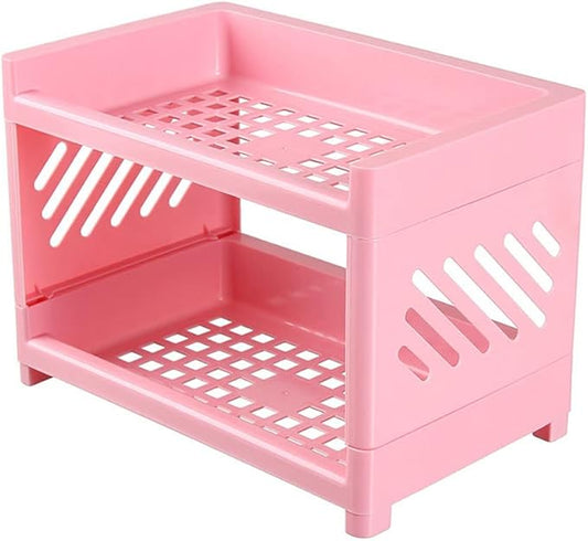 2 Tier Plastic Countertop Shelf Organizer Storage Rack, Multifunction Pantry Storage Organizer Kitchen Spice Rack Bathroom Shelf Organizer Tabletop Shelf Organizer (Pink)