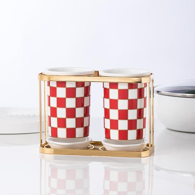 Ceramic Checkered Utensil Crocks with Gold Metal Rack, Black & White Grid Kitchen Utensil Storage, Farmhouse Kitchen Decor, Flatware Organizer & Home Accessory (Red)