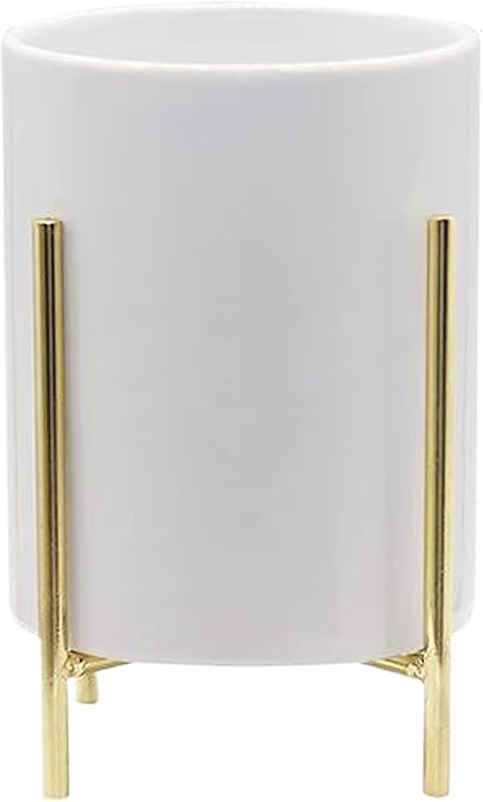 Ceramic Utensil Holder with Metal Frame 3.6x4.3, Countertop Kitchen Utensil Caddy for Spoon Fork Cutlery Storage, Tabletop Organizer Vase, Gold