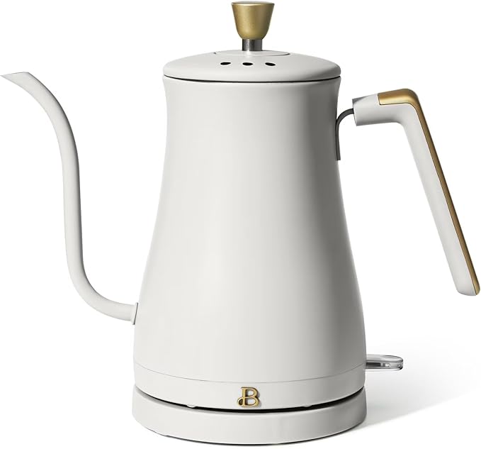 Electric Gooseneck Kettle 1 Liter 1200W Fast Boil with Precision Pour Spout, Stainless Steel Interior, Auto Shut-Off & 360° Swivel Base (White Icing)