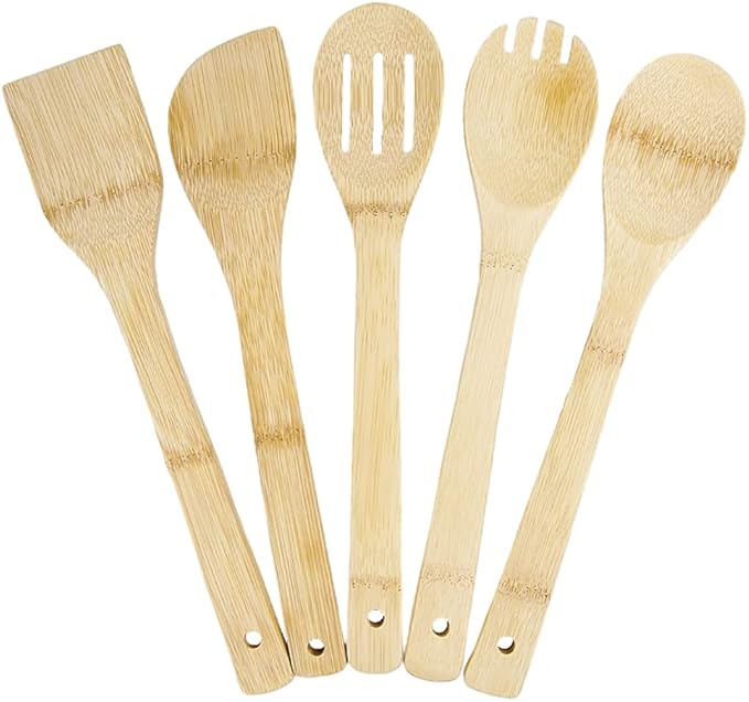 PrintSupremacy Bamboo Cooking Spoons Set, Non Stick Wooden Kitchen Gadget Pan Cookware, Baking Gift for Housewarming Wedding Birthday, Chef Foodie Gift (Plain, 5 pcs)