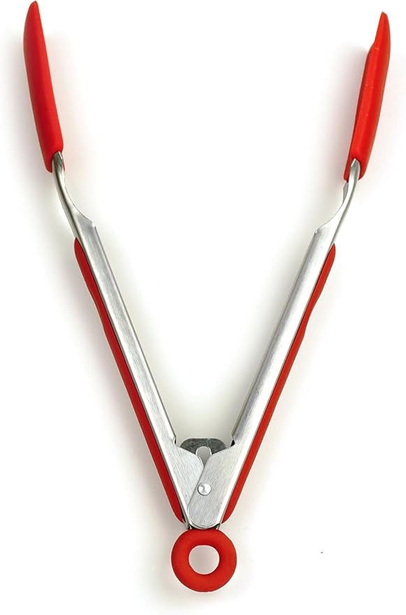 RSVP International Endurance Kitchen Utensil Collection Stainless Steel Locking Tongs for Cooking, 10.75" Length, Square Tip, Red Non-Slip Silicone