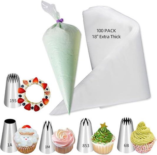 18 Inch Large Piping Bags and Tips Set,100PCS Extra large piping bags Disposable with 5 Piping Tips(Round Tip/Open Tip/Closed Star Tip/Drop Flower Tip/French Star Tip for Cupcakes,Cookie,Cake decor