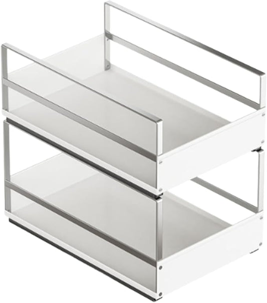 Pull Out Cabinet Organizer with Adhesive Nano Film, Heavy Duty Slide Out Pantry Shelves Drawer Storage, Under Sink Organizers for Bathroom, Kitchen (White,Stackable-11”W x 16.54”Dx 14.57”H)