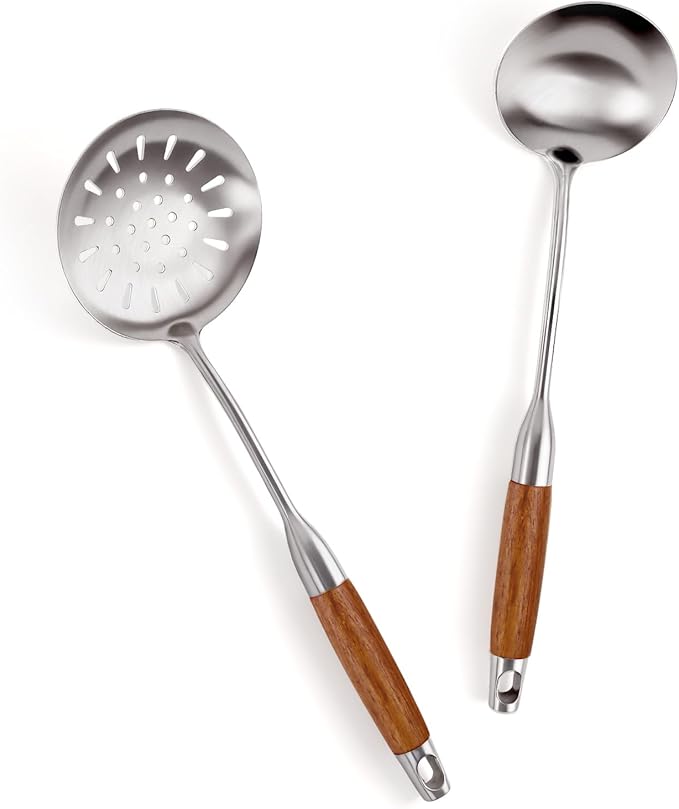 2PCS Soup Ladle Stainless Steel and Slotted Spoon Set, 304 Wok Utensils Set with Wooden Handle, Metal Strainer Spoon for Cast Iron/Carbon Steel Wok