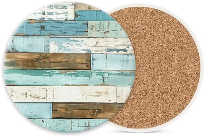 Ceramic Drink Coasters Absorbent Set of 1, Distressed Blue and White Planks Round Anti Slip Modern Cup Coasters for Desk Kitchen Office Housewarming Hostess Gifts (4 * 4 Inch)