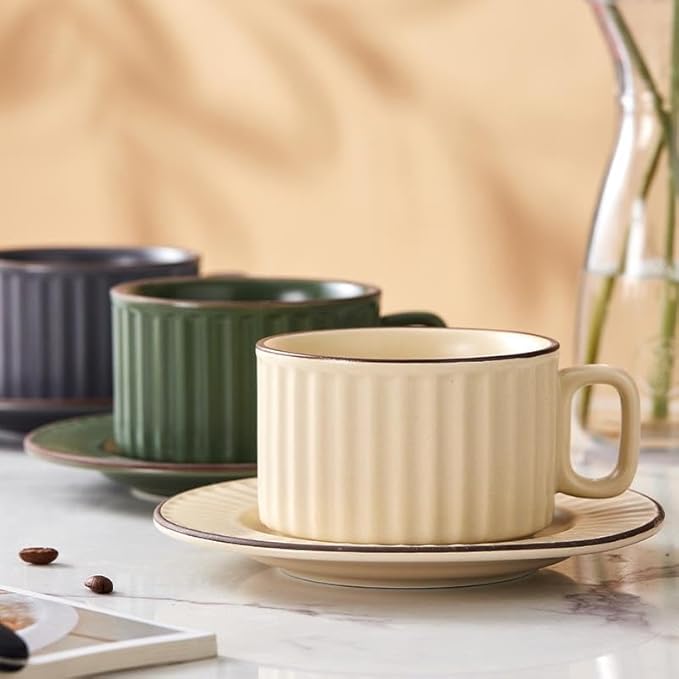 LOWYEPAULHO Cappuccino Cups with Saucers, 8 oz CeramicVertical Stripe Coffee Cup and Saucer set for Au Lait, Double shot, Latte, Cafe Mocha, Set of 4