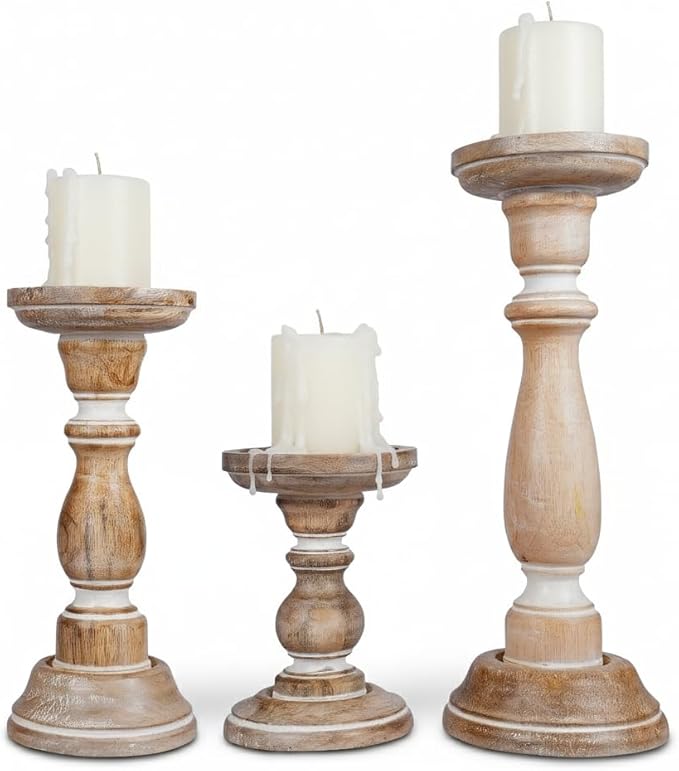 Mela Artisans 6”, 9” & 12” Mango Wood Pillar Candle Holder Set of 3 – Tuli Design Whitewashed – Wooden Candle Holders for Table, Mantel & Living Room Décor