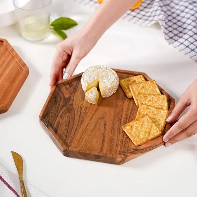 Wooden Serving Tray for Kitchen and Home Decor | Acacia Wood Octagonal Serving Platter for Tea, Coffee, Snacks and Cake | Decorative Trays Resturnant and Cafe (Food Safe Oil Finish) (8 Inch)