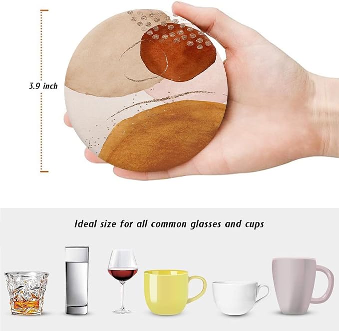 Drink Coasters for Drinks Set of 6, Terracotta Navy Orange and Gold Abstract Modern Art Absorbent Round Ceramic Stone Mat Coaster, with Cork Base and Metal Holder, Home Bar Decor House Warming Gift