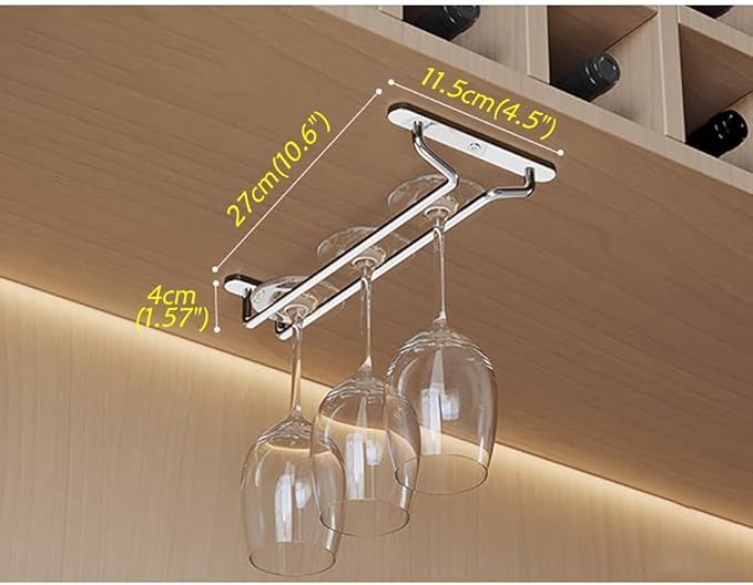 CAKERS Under Cabinet Hanging Stemware Display Rack|304 Stainless Steel Wine Glass Holder|Wine Glass Storage Organizer Hanger,1 Rows,27cm(10.6in)
