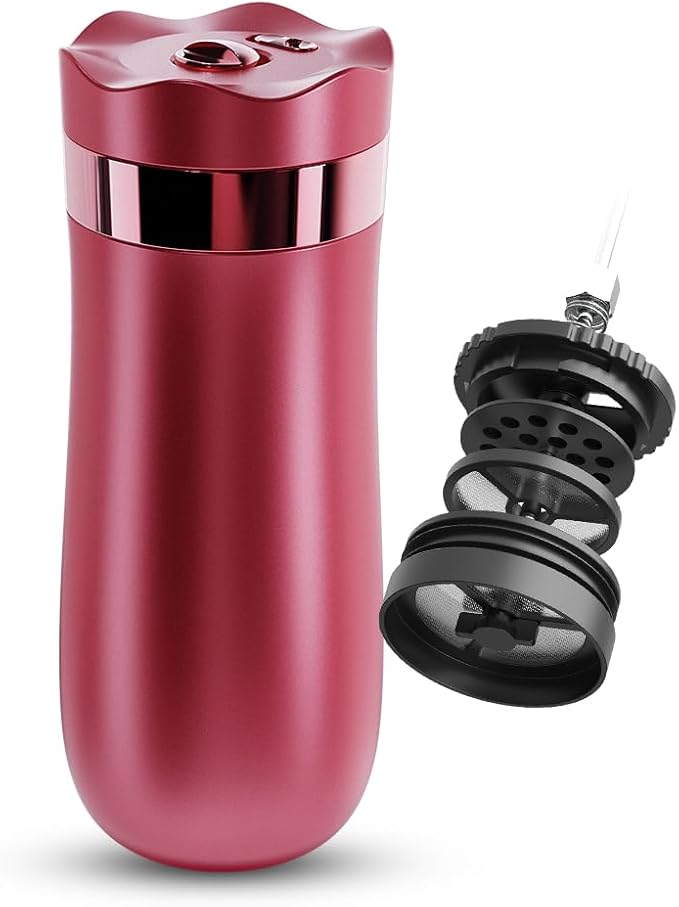 Travel Coffee Press, Vacuum Insulated Portable French Press, Stainless Steel Portable Coffee Maker/Tea Press, 12oz, Rose Red