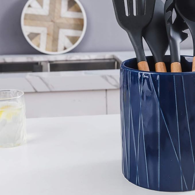 KOOV Kitchen Utensil Holder, Large Ceramic Utensil Crock, Deep and Stable, Containers for Household or Kitchen Use (Aegean)