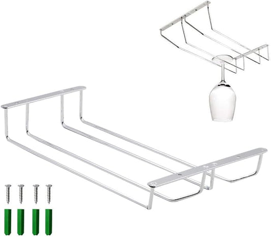 Stemware Wine Glass Hanging Rack Under Cabinet Kitchen Bar Storage Wine Glass Rack Holds up to 8-10 Wine Glass, 13.4 Inch 2 Rows, Silver