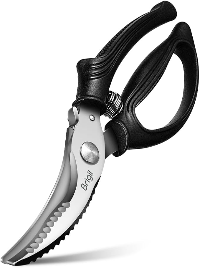 Brigii Spring Loaded Kitchen Shears, Heavy Duty Poultry Shears for Chicken and Turkey, Stainless Steel Kitchen Scissors for Meat, Fish, Seafood & Vegetables, Serrated Edge for Scaling