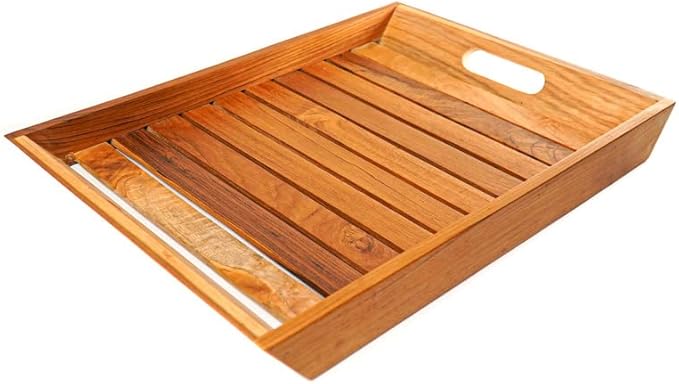 Rainforest Bowls 16"x12" Rectangular Javanese Teak Wood Serving Tray w/Handles- Ultra-Durable, Perfect for Breakfast in Bed, Coffee/Tea, etc- Luxury Custom Design Handcrafted by Indonesian Artisans