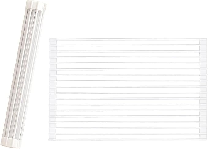 Roll Up Dish Drying Rack Over The Sink.Foldable Kitchen Drainer,Fully Silicone Cover Stainless Steel Bar,Heat-Resistant, Anti-Slip Sink Rack for Kitchen Counter Multipurpose.