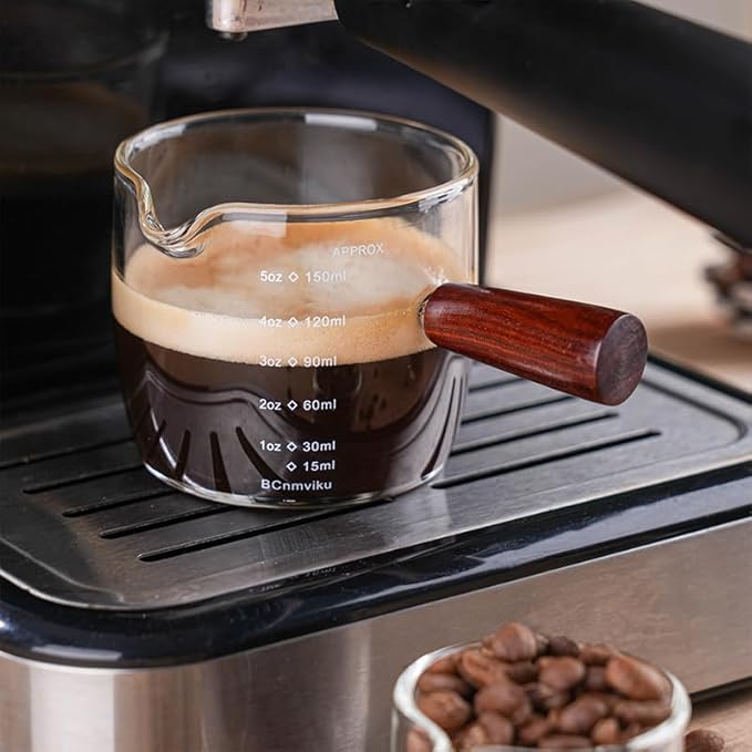 BCnmviku Espresso Shot Glass 150ML/5OZ Triple Pitcher Barista Single Spouts With Wood Handle (1)