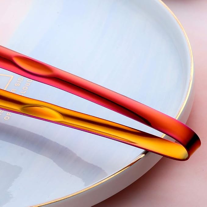 Stainless Steel Cooking Tongs for Frying, 9 Inches Serving Tongs Appetizers Charcuterie with Teeth for Parties, Food Tongs Kitchen Tongs for Nonstick Cookware, Set of 2 (Rainbow red)