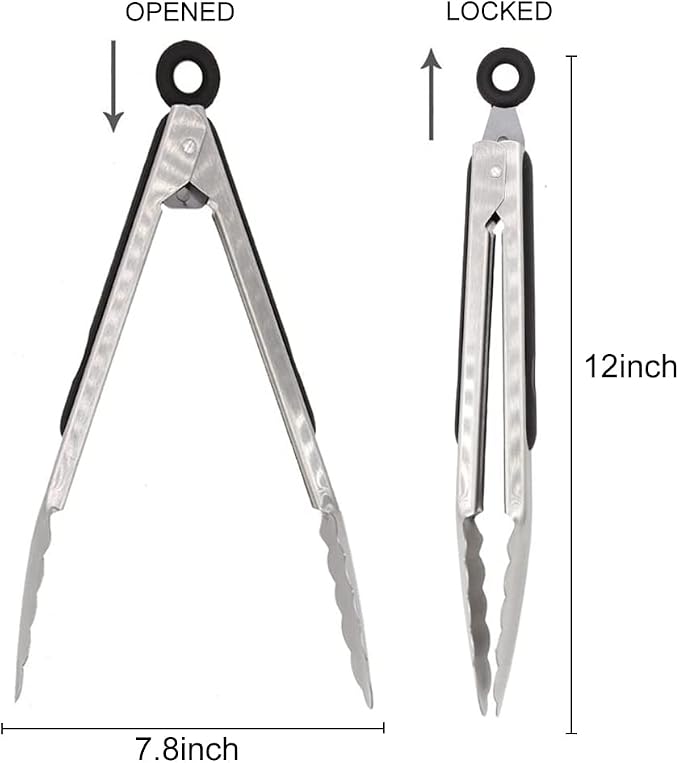 TENTA TENTA KITCHEN 12" Stainless Steel Kitchen Tongs, Locking Metal Food Tongs Non-Slip Grip (Set of 3)
