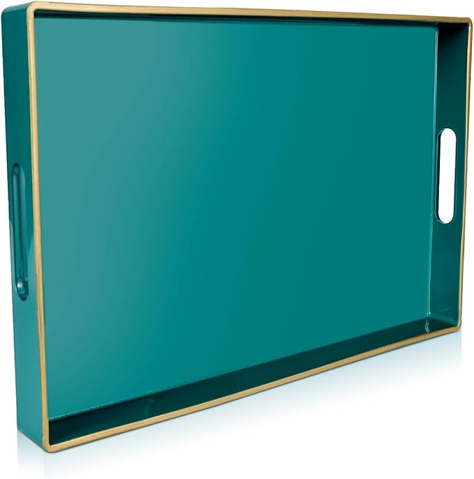 Gifturbo Teal Serving Tray,Rectangular Serving Trays with Handles, Plastic Coffee Table Tray Decorative Tray for Ottoman,Living Room, Bathroom, 15.7” x 10.2” x1.37”