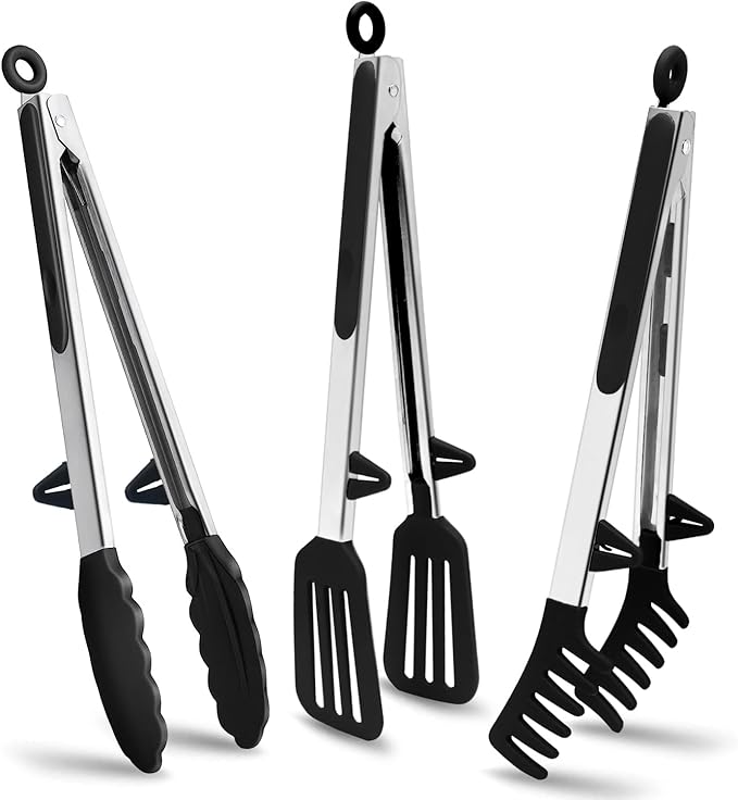 Tongs for Cooking, 12" Kitchen Tongs with Silicone Tips, Food Grade Serving Tongs Set of 3, Black