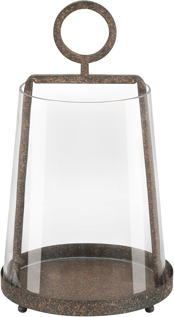 9" Modern Farmhouse Metal Hurricane Candle Holder with Handmade Sturdy Glass Sleeve in Rustic Brown for Pillar Candle & Plants, Glass Hurricane Lantern, Industrial, Minimalistic