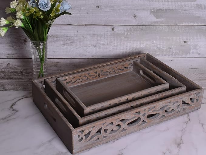 STORE INDYA Vintage Rustic Wooden Serving Trays with Handle - Set of 3 - Large, Medium and Small - Nesting Multipurpose Trays