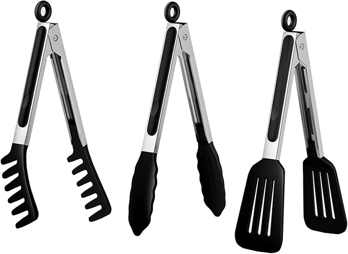 HST Tongs for Cooking with Silicone Tips(3 Pack), Non Stick Kitchen Tongs with Silicone Tip for Cooking BBQ Baking (12", Black)