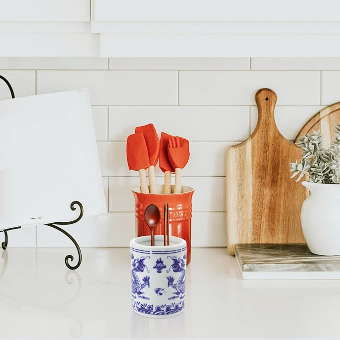 Cabilock Ceramic Utensil Holder with Blue and Design Compact Chopsticks and Spoon Storage Bucket Kitchen Countertop Organizer 4.13 X 3.15 X 3.15 Inches