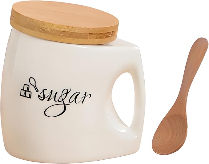 Ceramics Sugar Container, Sugar Bowl with Lid and Spoon, Sugar Jar for Countertop, White Sugar Storage Canisters with Comfort Grip, Home Decor (25oz/750ml)