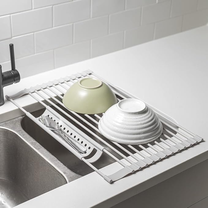 Over Sink Dish Drying Rack- Foldable Roll Up Dish Drying Rack- Portable Drying Rack for Kitchen Sink- Durable Dish Drainer- Space-Saver Kitchen and Sink Accessories- Dish Rack by Tasora (21"x13")