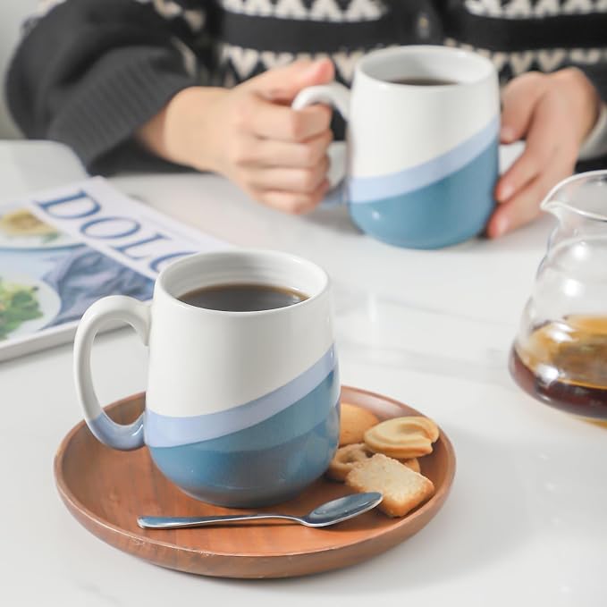 Coffee Mugs Set of 4,Ceramic 15 OZ Coffee Cups with Big Handle,Large Tea Cups for Hot Beverages,Yogurt, Cappuccino,Latte,Gift for Mom and Dad,Dishwasher Safe&Microwave Safe,White & Blue