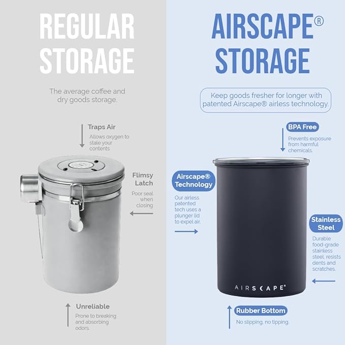 Planetary Design Airscape Stainless Steel Coffee Canister | Food Storage Container | US Patented Airtight Lid | Push Out Excess Air Preserve Food Freshness (Small, Matte Red)